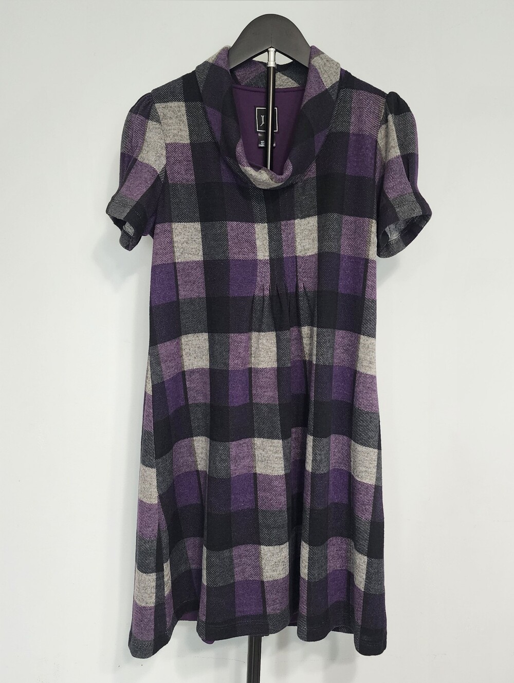 Jessica Howard Plaid Cowl Neck Dress Purple Gray Short Sleeve Tunic Knit Mini